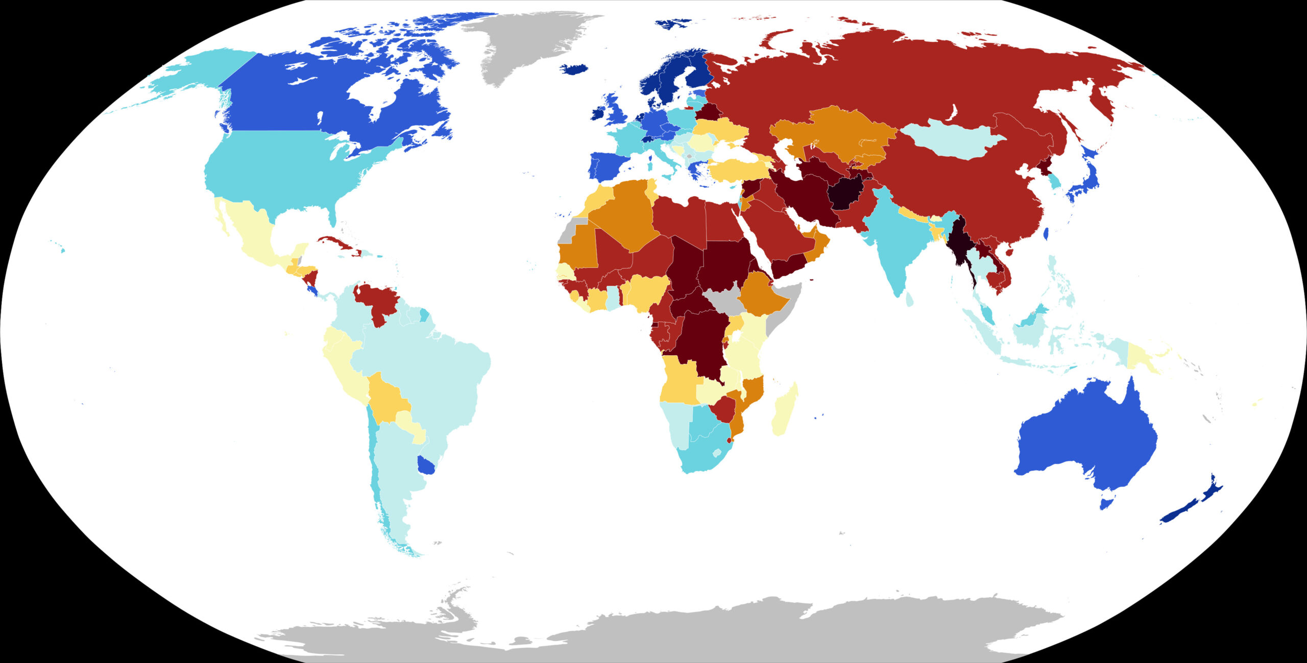 indice de démocratie dans le monde selon le rapport de 2024. Photo : Dashing24 / Wikipédia