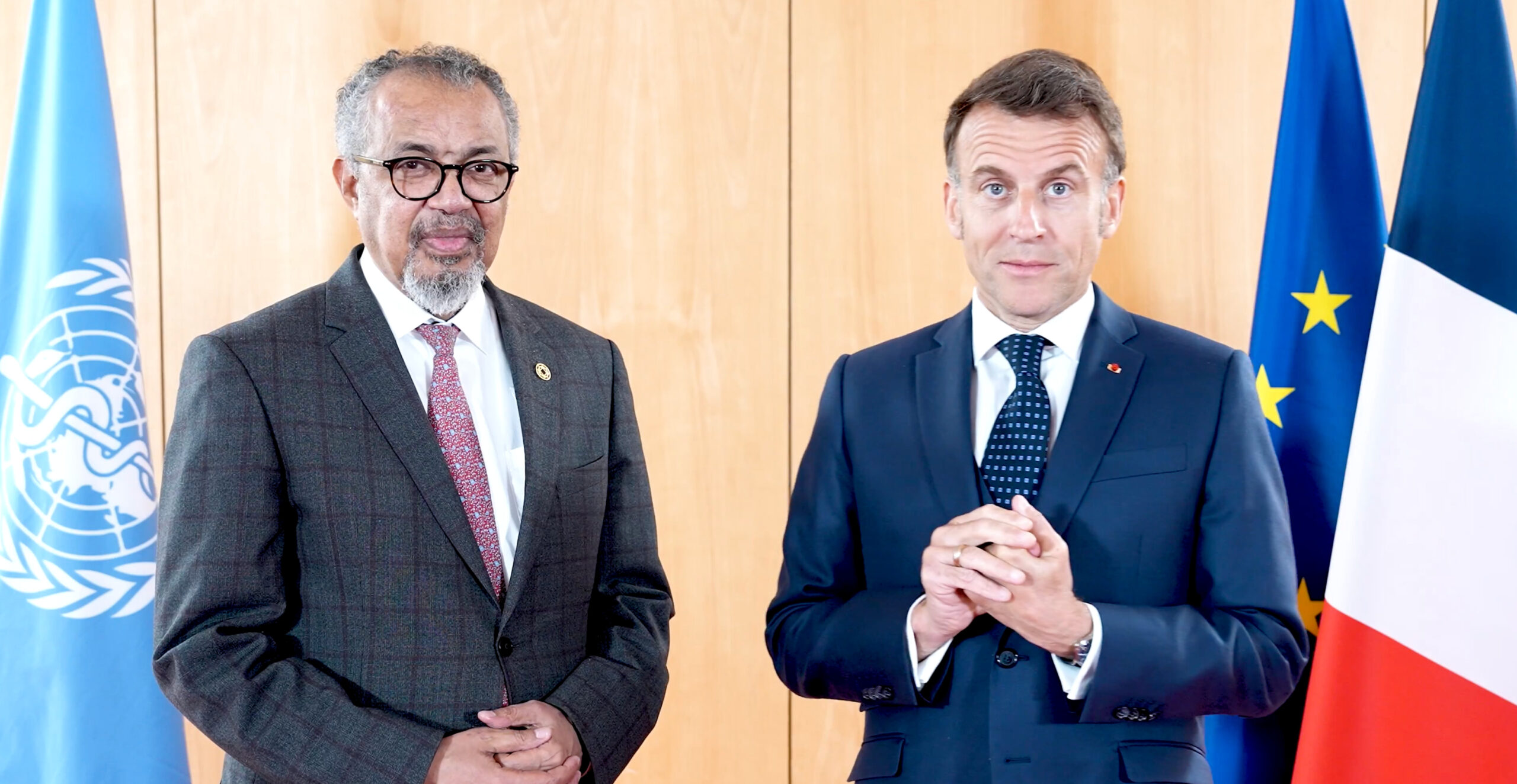 Le Dr Tedros et Emmanuel Macron. Image : capture d'écran Compte X de l'Elysée