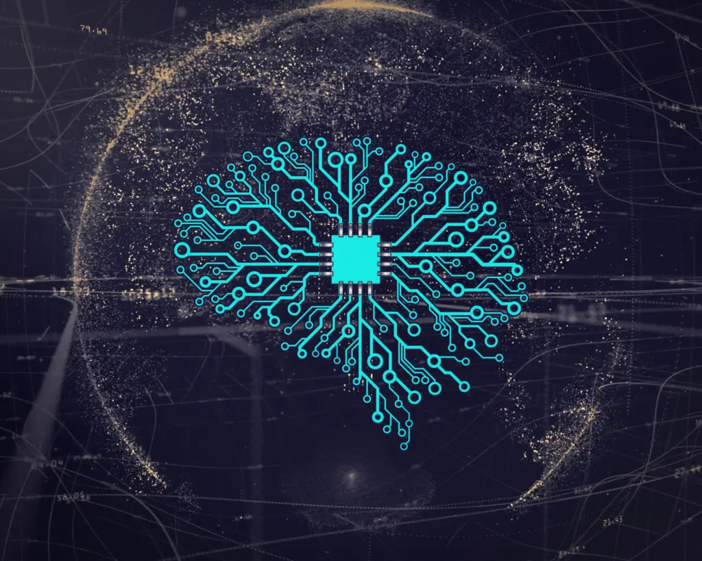 Illustration d'un reseau de neurones artificiels associe a une puce electronique, symbolisant l'intelligence artificielle