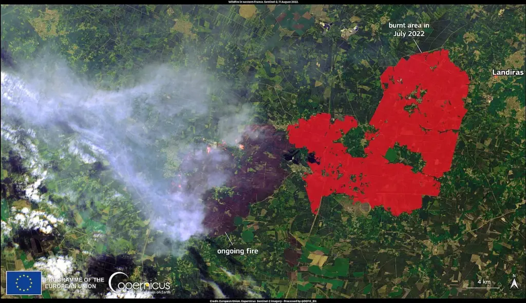 Vue satellite d'un incendie de forêt dans le sud-ouest de la France