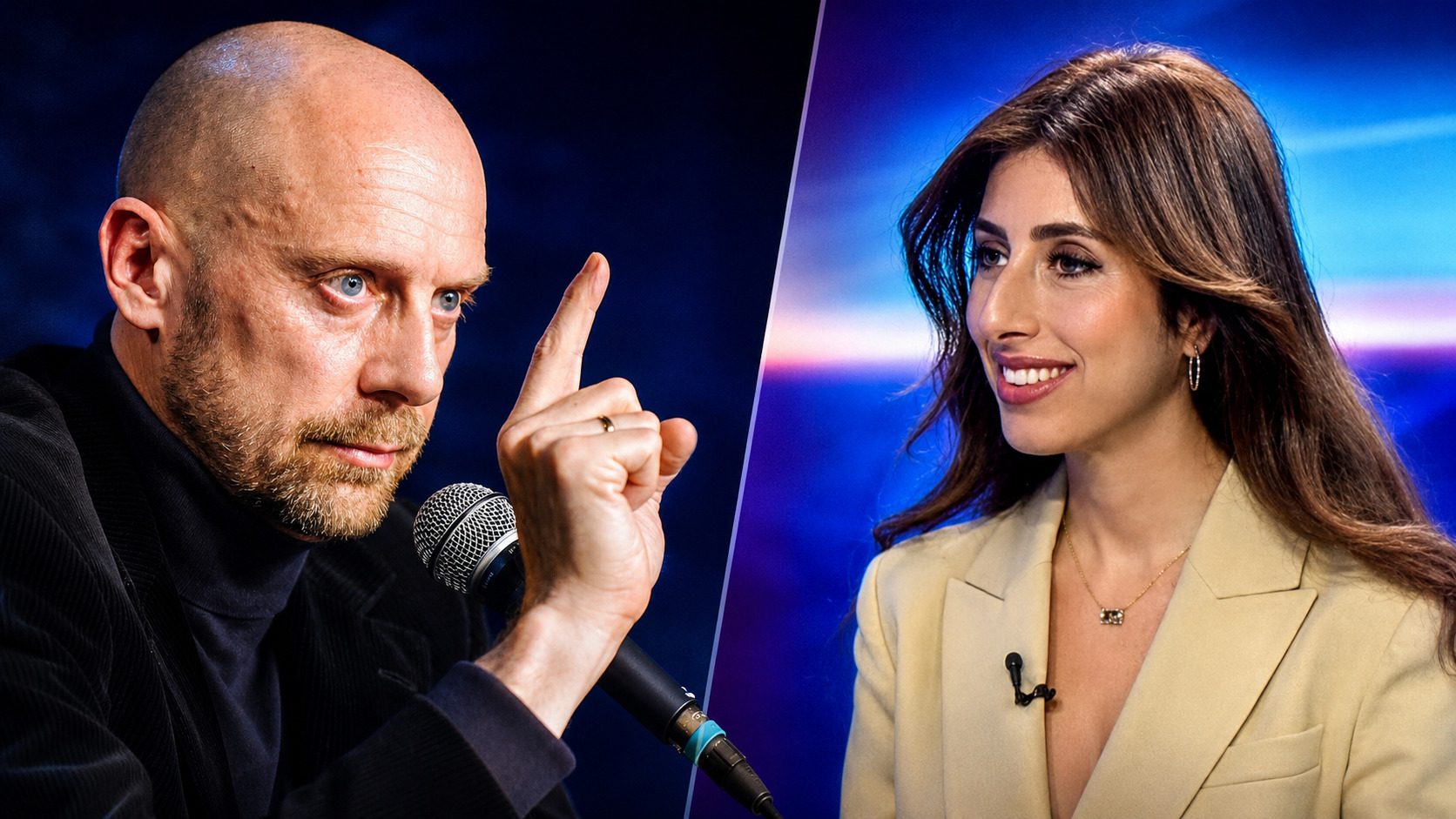 Alain Soral VS Shannon Seban. Image générée par IA.