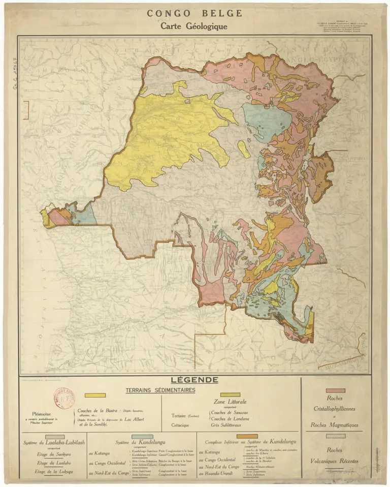 Carte géologique du Congo belge de 1931, éditée par le Service géographique du ministère des Colonies