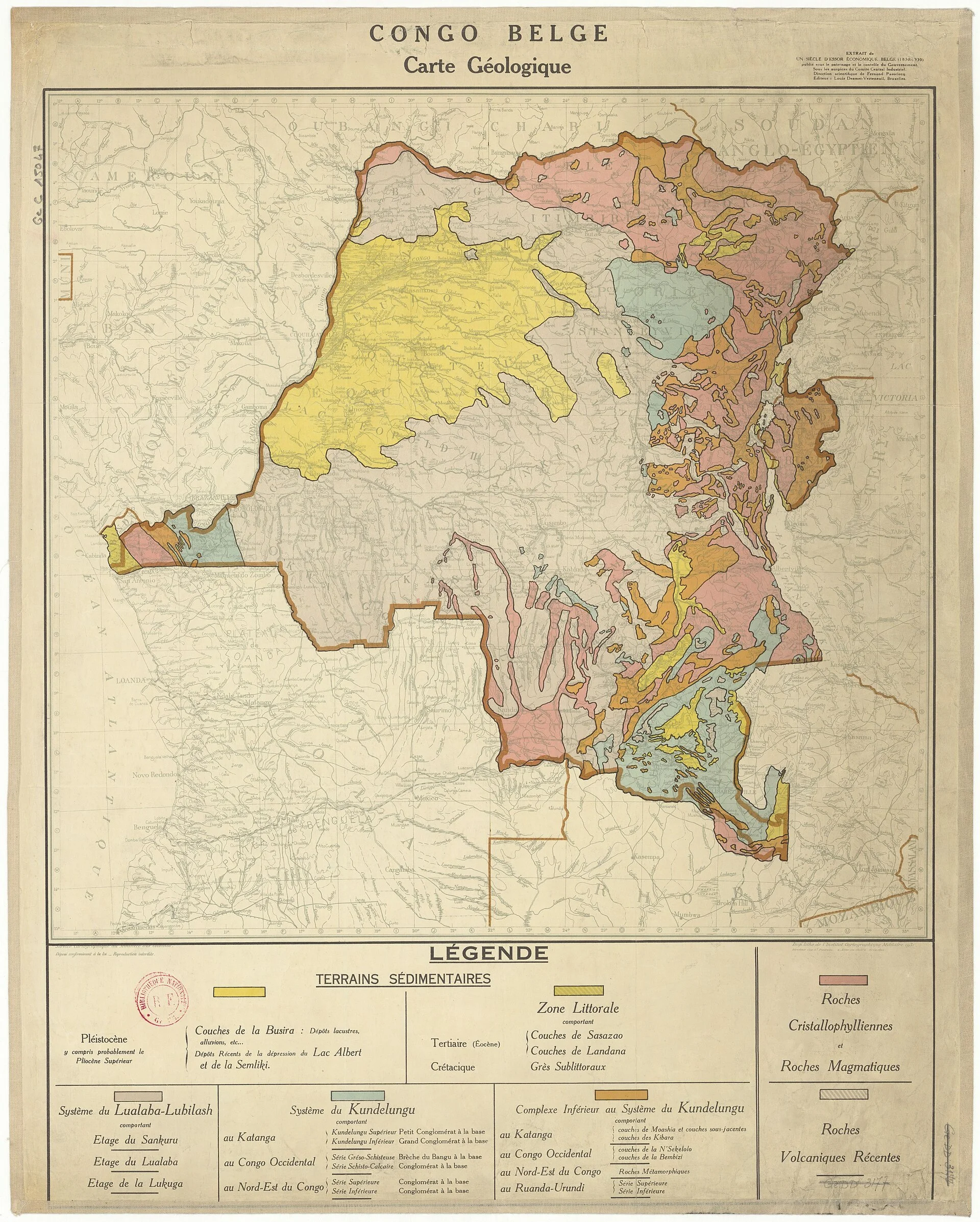 Carte géologique du Congo belge de 1931, éditée par le Service géographique du ministère des Colonies
