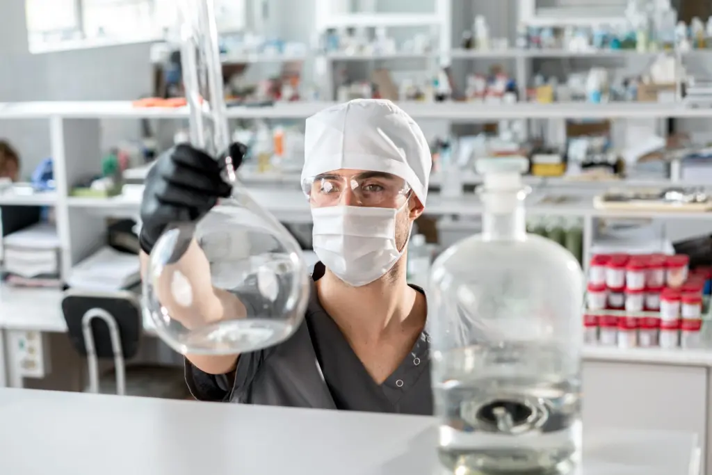 Scientifique observant une solution en laboratoire