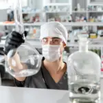 Scientifique observant une solution en laboratoire