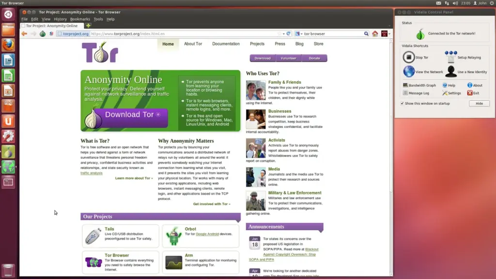 Le navigateur Tor affichant la page du projet Tor, l'un des navigateurs testés face aux techniques de prise d'empreinte