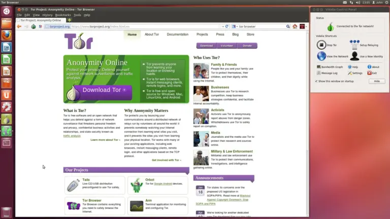 Le navigateur Tor affichant la page du projet Tor, l'un des navigateurs testés face aux techniques de prise d'empreinte