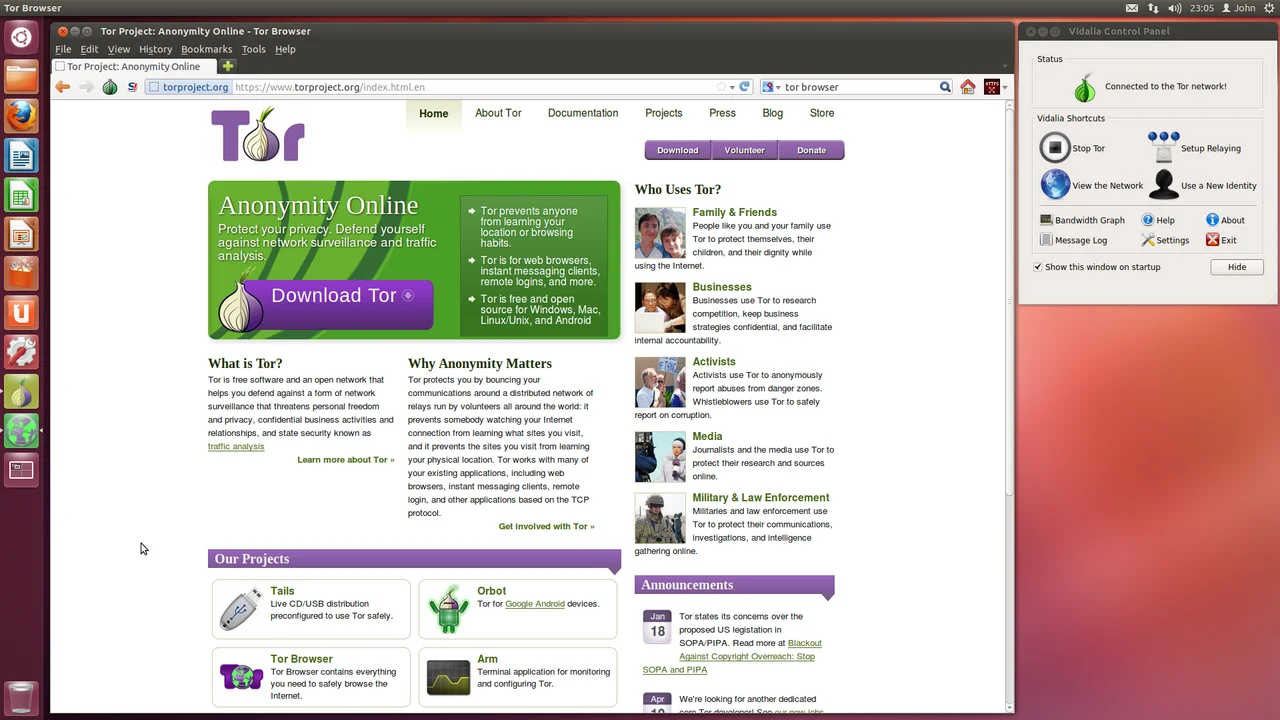 Le navigateur Tor affichant la page du projet Tor, l'un des navigateurs testés face aux techniques de prise d'empreinte