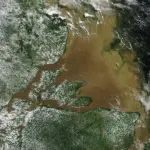 Vue satellite de l’embouchure de l’Amazone et de son panache de sédiments dans l’Atlantique
