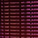 Red error messages on a black computer screen indicating blocked web resources