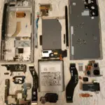 Pièces détachées d'un smartphone Samsung Galaxy S22 Ultra démonté, illustrant les enjeux de réparabilité des smartphones