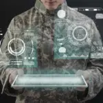 Soldat manipulant une tablette militaire connectée